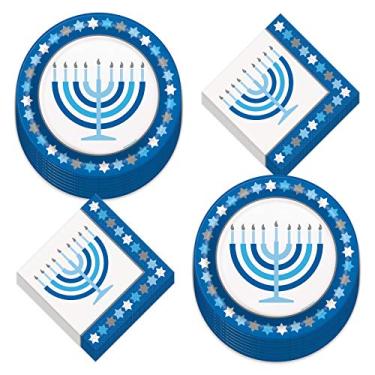 Imagem de Pratos de jantar de papel e guardanapos de almoço Happy Hanukkah Menorah (serve 16)