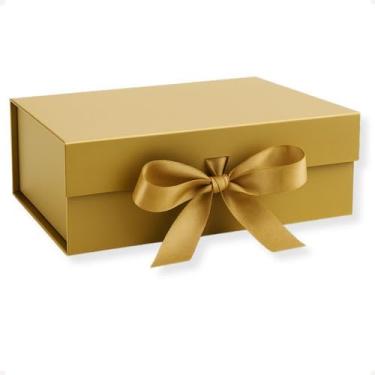 Imagem de Caixa De Presente DobráVel Em PapelãO Com Fecho MagnéTico E Fita De Cetim(Dourado,(P) - 20x18,2x8 CM)