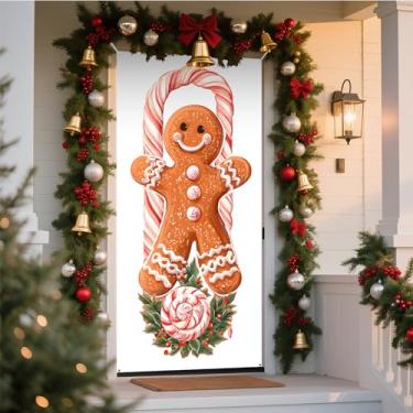 Imagem de NYZE Capa de porta de Natal, decoração de Papai Noel, decoração de Natal, pão de gengibre, faixa de Natal para férias em casa (rosa pão de gengibre)