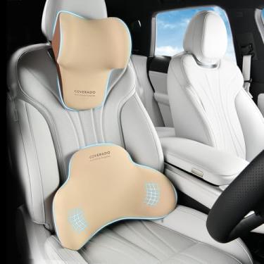 Imagem de Coverado Almofada de assento e apoio lombar para cadeira de escritório de carro, almofada ergonômica de espuma de memória, almofada de suporte de pescoço nas costas, ciática, costas e cóccix - bege