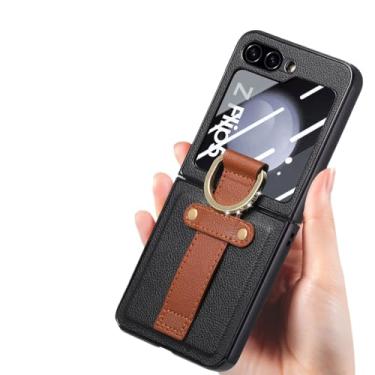 Imagem de Capa de couro para celular para Samsung Galaxy Z Flip 5 Flip5 Flip4 Flip 4 5G Proteção contra quedas Capa de filme de vidro temperado, preta, para Samsung z flip 5