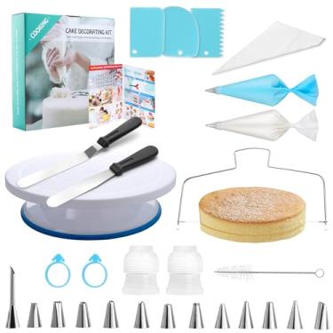 Imagem de BEWOS Kit de decoração de bolo de 80 peças com toca-discos – inclui 50 sacos descartáveis + 2 sacos de confeitar reutilizáveis, 13 pontas de confeiteiro, nivelador de bolo, 2 espátulas, 3 raspadores