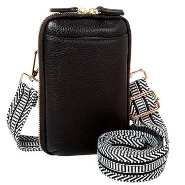 Imagem de Carteira transversal pequena de couro genuíno com zíper para telefone com alça larga ajustável de substituição e chaveiro, porta-cartões, Preta com alça de substituição, Small, Bolsa transversal de