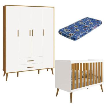 Imagem de Berço Americano E Guarda Roupa Infantil 4 Portas Isis Branco Acetinado Savana Com Colchão Ortobom