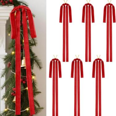 Imagem de 6 peças de laços de veludo vermelho de Natal 59 x 39 cm, laço rústico grande de veludo para escadas de Natal, laço de fita de topo de árvore vintage pré-amarrado para decoração de casa, guirlanda de