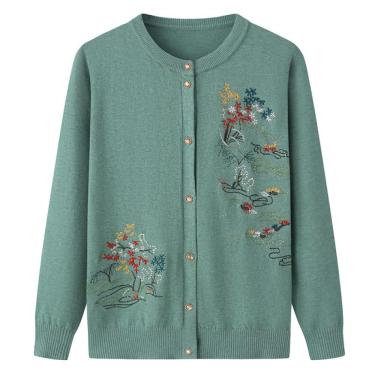 Imagem de Cardigan De Malha De Meia-idade E Idoso Cardigan Bordado Floral Clássico Cardigan Senhoras Velha Senhora Casual Top Grandma Wear Coat Mulheres Primavera Outono Mãe Desgaste Quente, Green, S