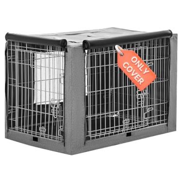 Imagem de PETSFIT Capa de caixa de cachorro, capa de canil de 106 cm para caixa de arame para cães, portas duplas, janela de malha, aba na parte superior e traseira é removível, capa de gaiola de cachorro cinza