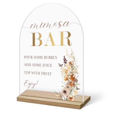 Imagem de Placa de bar Mimosa para mesa, flores boho acrílico Mimosa Bar com suprimentos de base para chá de bebê, chá de panela, decorações para festa de casamento, despedida de solteira, suporte de placa de
