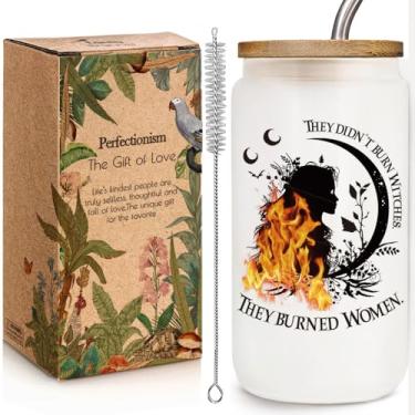 Imagem de Copo de vidro de bruxa feminista engraçado 473 ml com tampa de bambu e presentes de palha para mães mulheres amigas - They Didn't Burn Witches They Burned, Witchy Halloween Birthday Gifts for
