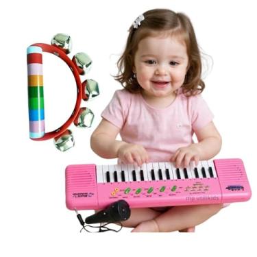 Imagem de Kit Musical Infantil com Teclado Eletrônico Rosa e Pandeirinho Colorido, 32 Teclas, Instrumento Musical Educativo para Crianças