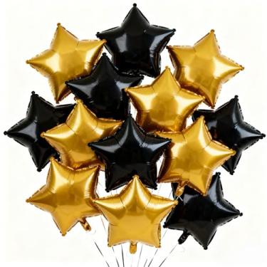 Imagem de Rovella Balões de estrela, 12 peças de balões dourados pretos em forma de estrela, balão grande de filme de poliéster de hélio de 45,7 cm para decoração de festa de aniversário de bebê