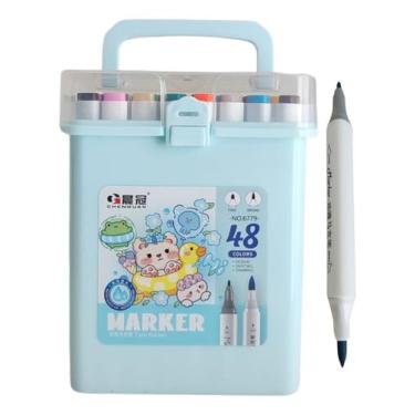 Imagem de Maleta Canetinha Triangular Ponta Dupla Hidrográfica Pote 48 Cores Tinta Colorida Lavável Infantil Escolar Arte Desenho Criativo