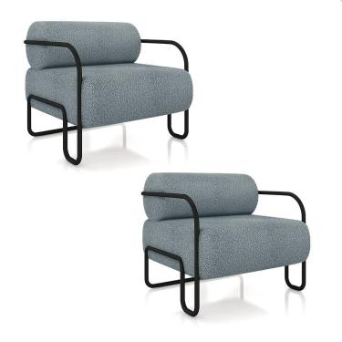 Imagem de Poltrona Sala De Estar Industrial Preto Kit 2 Ameli Bouclê K01 - D'rossi Cor Azul