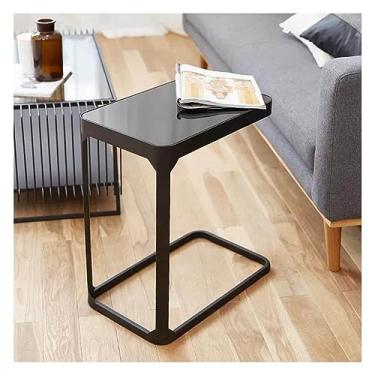 Imagem de Mesa lateral de sofá em forma de C, mesa de canto estreita criativa pequena bandeja de TV, moldura de metal e tampo de vidro temperado para sala de estar, quarto (preto 50 x 30 x 55 cm)
