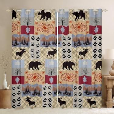 Imagem de Cortinas de urso alce, cortina de janela de pata de animal selvagem para crianças, meninos, meninas, decoração de quarto de casa, pinho da floresta, vintage, cortina de tratamento de janela, padrão