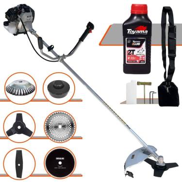 Imagem de Roçadeira Toyama TBC43H À Gasolina 43cc 1,7HP 6 Em 1 Com Carretel + Faca 2 Pontas, 3 Pontas, 40 Dentes e 80 Dentes + Escova de Aço + ÓLEO TOYAMA FG50
