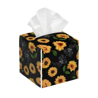 Imagem de Porta-lenços de couro quadrado à prova d'água girassol lindo organizador de papel facial amarelo com cinto inferior cubo estojo de lenços para mesa, banheiro, escritório, mesa, carro, decorativo