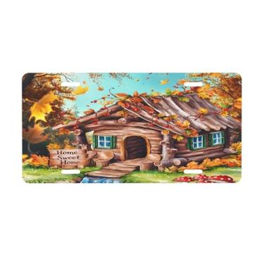 Imagem de Placa de licença de paisagem de outono de casa de madeira para placas de carro dianteiras de alumínio metal adequado para caminhão placa de porta de carro bar café acessórios automotivos para homens