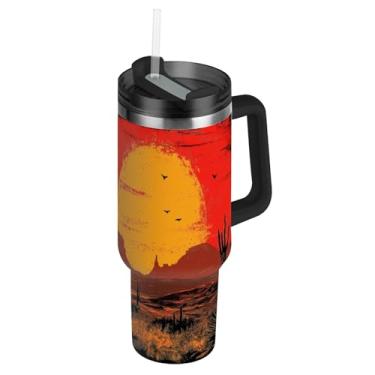 Imagem de Blueangle Copo cowboy americano de 1,134 g com alça e tampa de palha, caneca de viagem de aço inoxidável isolada a vácuo de parede dupla, garrafa de água reutilizável para academia de escritório ao ar