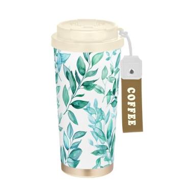 Imagem de SEHANY Caneca de viagem Green Leaves de 482 ml Copos de café reutilizáveis revestidos de cerâmica com tampa à prova de vazamento, parede dupla, isolamento a vácuo, copo de café de aço inoxidável para