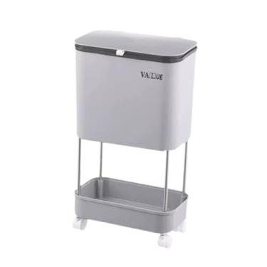 Imagem de Fenteer Lixeira com polia Lixeira com tampa Grande capacidade Estreita prateleira de armazenamento Lixeiras de reciclagem para cozinha Lixeira de triagem, Cinza, 2 camadas