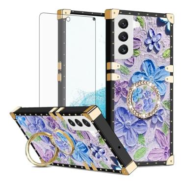 Imagem de Asuwish Capa de celular para Samsung Galaxy S22 5G capa magnética com protetor de tela de vidro temperado e pintura flor anel protetor à prova de choque suporte rígido S 22 22S 4G G5 15.5 cm feminino