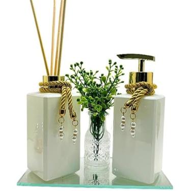 Imagem de Kit 02 Frascos de Vidro Square Galena 250ml para Difusor de Aroma e Sabonete Líquido com Bandeja Espelhada, Vaso e Varetas(DOURADO)