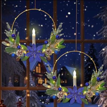 Imagem de Betylifoy Pacote com 2 guirlandas de Natal para porta da frente, guirlanda de argola vermelha de Natal de 41 cm com luzes de vela afuniladas de LED, guirlandas de Natal para decoração de Natal e