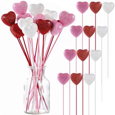 Imagem de 18 palhetas de corações de espuma de glitter para namorados, palitos de coração para decorações de dia dos namorados e arranjos de flores