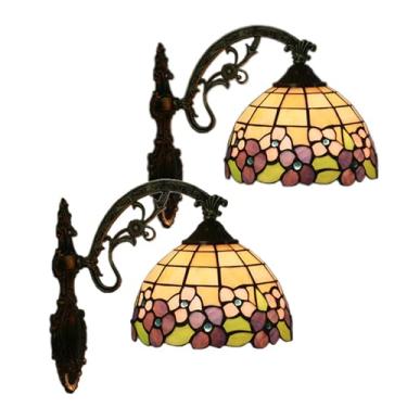 Imagem de Conjunto de 2 arandelas de parede estilo Tiffany, 20 cm de largura, com vitrais, para corredor, com motivos florais campestres, ideais para sala de estar, quarto e hall de entrada.