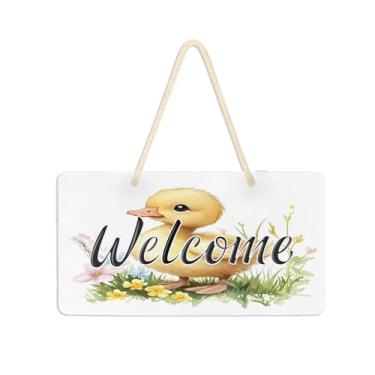 Imagem de Burbuja Placa de boas-vindas com flores de pato fofo na grama para porta da frente, placa de boas-vindas de PVC para decoração de férias, 15 x 28 cm