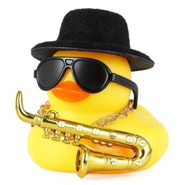 Imagem de BOZILY Decoração de carro de pato de borracha com mini cartola, óculos de sol, colar de ouro, saxofone, acessórios engraçados para carro, patos de borracha legais para decoração de painel, presente
