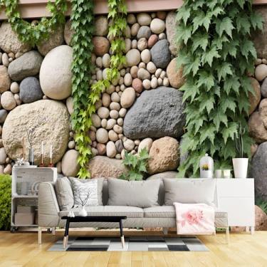 Imagem de Murais de parede de tamanho personalizado, parede de pedra rústica tecido de parede autoadesivo de hera verde (sem PVC) papel de parede grande removível para sala de estar, quarto, escritório