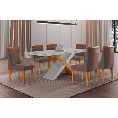 Imagem de Sala Jantar Mesa Imperatriz Tampo c/ Vidro Curvo 180cm+6 Cadeiras Jaspe Madeira Naturale/Off White - Capuccino/Suede Marrom - Rufato