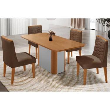 Imagem de Sala Jantar Mesa Pietá Tampo Curvo 120cm+4 Cadeiras Maldivas Madeira Naturale/Off White - Capuccino/Suede Marrom - Rufato