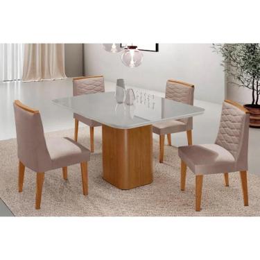 Imagem de Sala Jantar Mesa Maldivas Tampo c/ Vidro Curvo 90cm+4 Cadeiras Maldivas Madeira Naturale/Off White - Capuccino/Linho Capuccino - Rufato