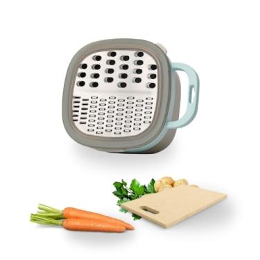 Imagem de Ralador de Cozinha com Tampa, Recipiente Plástico Cinza e Azul, Base Antiderrapante, Multiuso para Queijo e Legumes