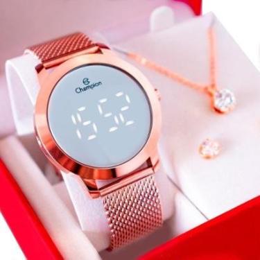 Imagem de Relógio Feminino Champion Digital Espelhado Pulseira Mesh CH40106P Kit Colar e brincos-Feminino