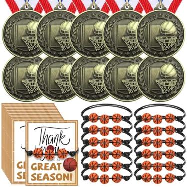 Imagem de Huquary 12 medalhas de prêmio de basquete para crianças com 12 peças de pulseiras esportivas troféus de participação em equipe com fita listrada vermelha branca azul para jogos esportivos