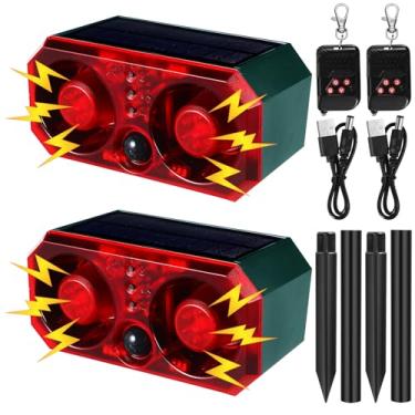 Imagem de Qualirey 2 peças de alarme solar com sensor de movimento externo com estaca sensor de latido de cães dissuasor de animais 13 sons 130db Criador de ruído alto 4 modos com controle remoto USB, suporte