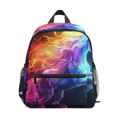 Imagem de Colorful Unicorn Rainbow Horse Kids Small Backpack with Whistle, 2 Bottle Pockets, Lightweight, Travel Backpack for Kids 10x4x12 In, for Ages 3-8