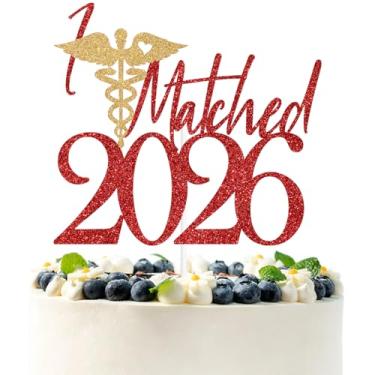 Imagem de Topo de bolo vermelho e dourado com glitter I Matched 2026, decoração de dia de partida de residência de 2026, suprimentos de decoração de festa de formatura para faculdade de medicina