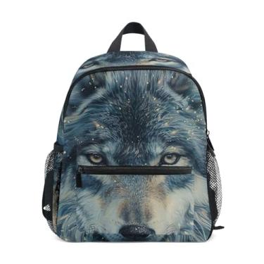 Imagem de GAIGEO Starry Wolf Painting Kids School Backpack with Whistle, 2 Bottle Pockets, Lightweight, Backpacks for Preschool 10x4x12 In, for Ages 3-8