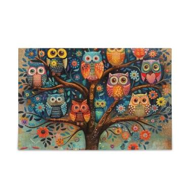 Imagem de Quebra-cabeças de árvore de coruja verde amarela de 1000 peças, quebra-cabeças rígidos compostos de papel e madeira para adultos com bolsa de armazenamento