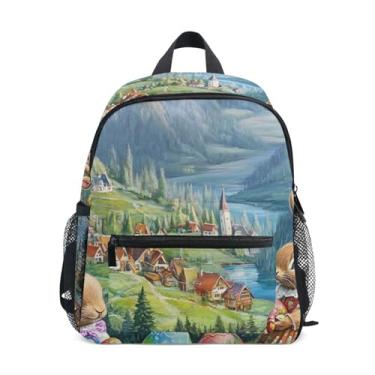 Imagem de Painting Easter Eggs Cute Bunnies Backpacks for Kids 10x4x12 In, Backpack for Boys with Water Bottle Pockets, Whistle Buckle