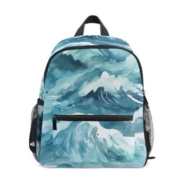 Imagem de GAIGEO Sea Waves Teal Blue Kids School Backpack with Whistle, 2 Bottle Pockets, Lightweight, Kindergarten Backpack 10x4x12 In, for Ages 3-8