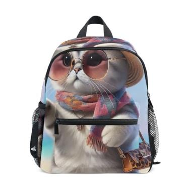 Imagem de GAIGEO Funny Cat Fashion Kitten Little Kid Backpack with Whistle, 2 Bottle Pockets, Lightweight, Girls Travel Backpack 10x4x12 In, for Ages 3-8