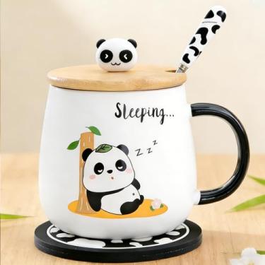 Imagem de Disoza Caneca De Panda Com Tampa Café 420ml Prenda Chávena Chá Em Cerâmica Colher e Base Para Copos Natal Aniversário Mulher Namorada