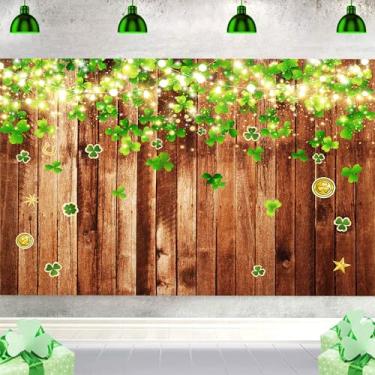 Imagem de Art_Angels Pano de fundo de 20 x 1,8 m para o dia de São Patrício com glitter, madeira rústica, verde, trevo da sorte, moedas douradas, fundo fotográfico para chá de bebê, festa de aniversário