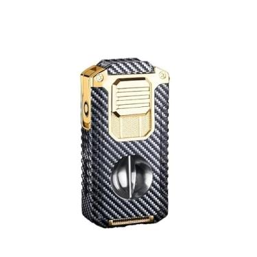 Imagem de JDIME Isqueiro portátil multifuncional com suporte de cigarro em forma de V para cortador de charutos, gosto de cavalheiro (fibra de carbono)